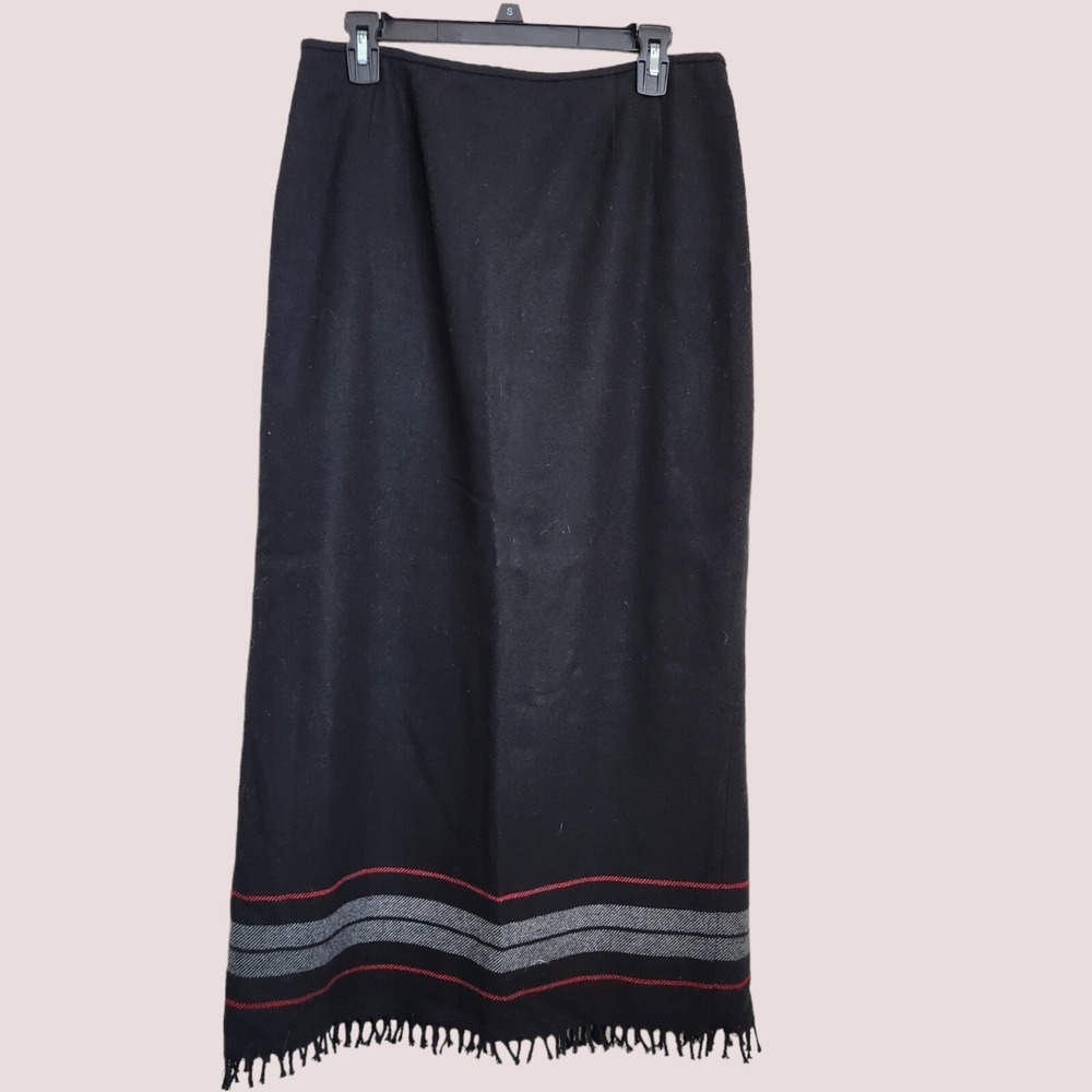 Kasper Southwestern Pencil Skirt Womens sz 12 Midi Maxi Fringe Trim Black